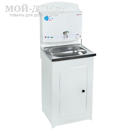 Умывальник с подогревом нерж. мойка | Мой-Дом27 Умывальник с подогревом нерж. мойка | Мой-Дом27 | Объем бака – 17 литров с нагревателем мощностью 1,25 кВт Время нагрева до 60 градусов – 30 минут<br>
 Материал умывальника – сталь толщиной 0,7 мм<br>
 Мойка – нержавеющая сталь<br>
 Кран – металлический<br>
Поставляется в разобранном виде, в коробке 80*54*20 см с ручками